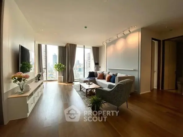 Spacious modern living room with city view and elegant decor