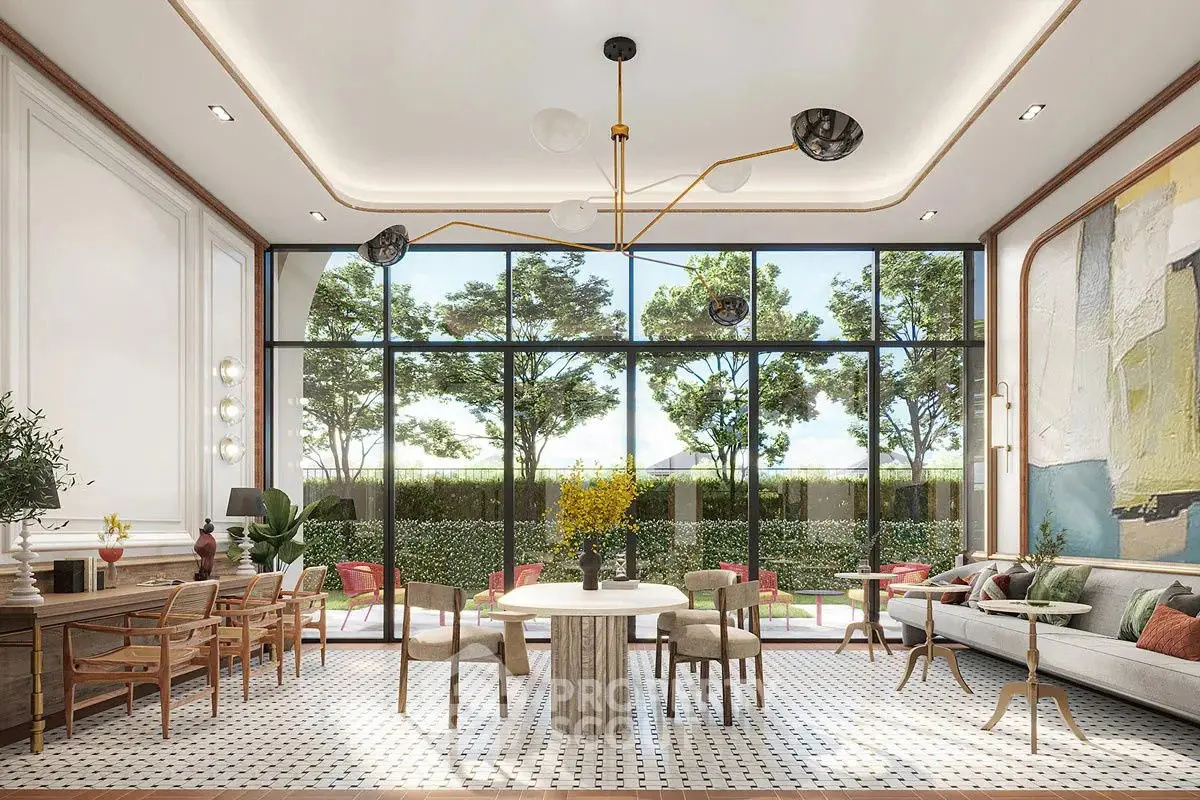 Luxurious modern living room with large windows and elegant decor