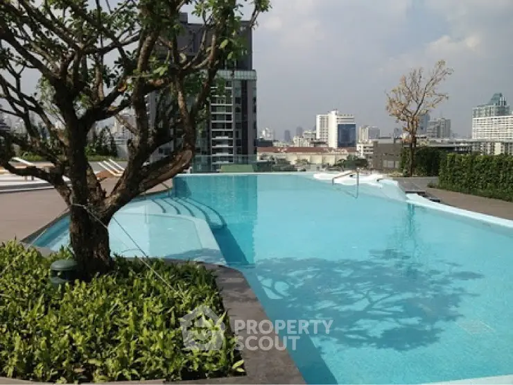 Luxurious rooftop pool with stunning city skyline views and lush greenery.