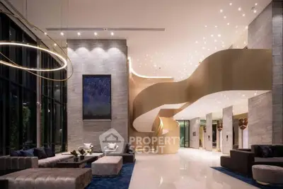 Luxurious modern lobby with elegant spiral staircase and stylish seating area