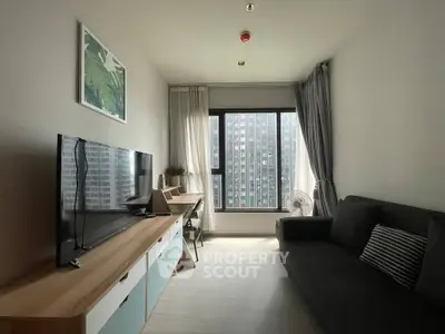 Modern living room with large window and stylish furniture in urban apartment