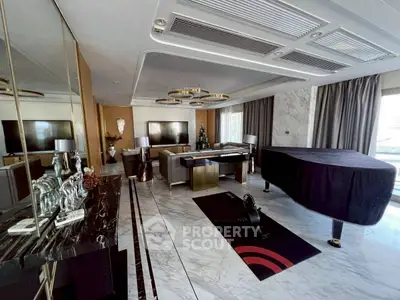 Luxurious living room with grand piano and modern decor, featuring marble flooring and elegant lighting.
