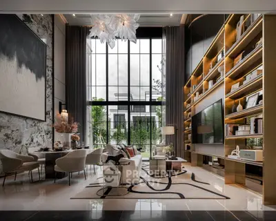 Luxurious modern living room with high ceilings, elegant decor, and large windows overlooking a garden.