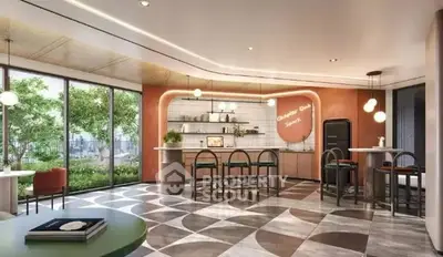 Modern living room with stylish decor and large windows offering natural light.