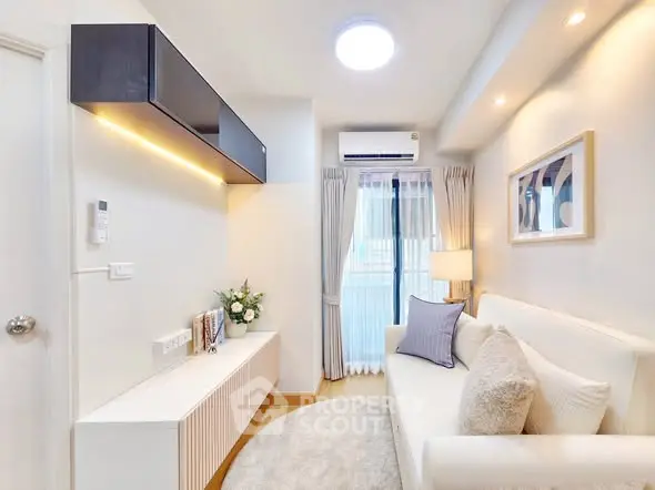 Bright and modern living room with sleek furniture and ambient lighting, perfect for cozy relaxation.
