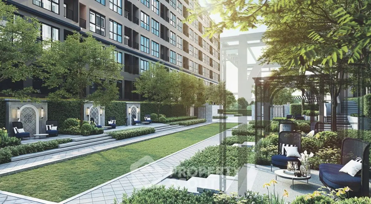 Luxurious garden area with modern seating in upscale residential complex
