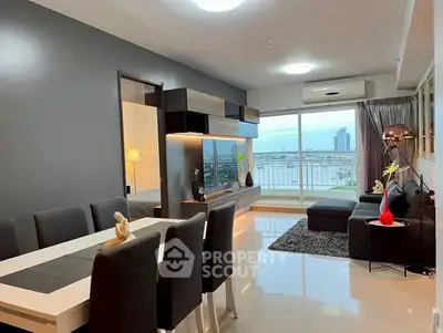 Modern living room with stunning city view and elegant decor