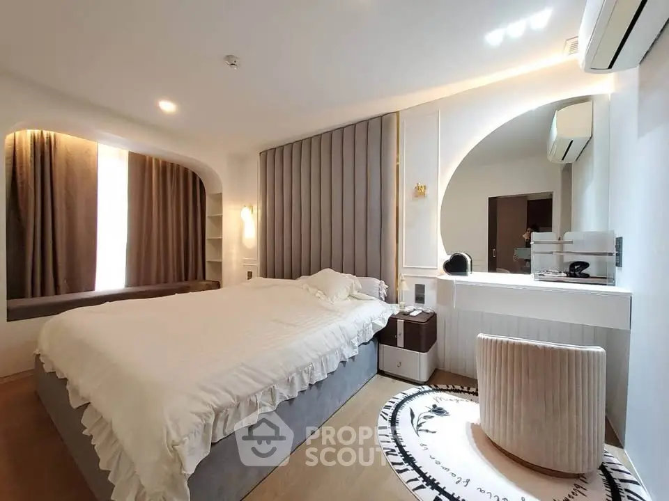 Luxurious modern bedroom with elegant decor and ambient lighting