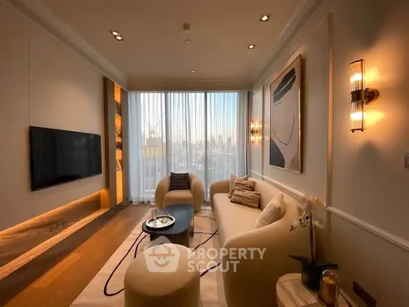 Luxurious modern living room with elegant decor and city view, featuring plush seating and ambient lighting.