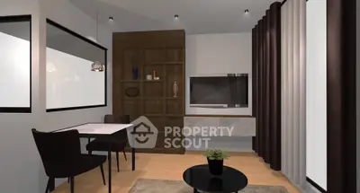 Modern living room with stylish furniture and elegant decor, featuring a cozy seating area and contemporary lighting.