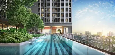 Luxurious rooftop pool with stunning city view and modern building facade.