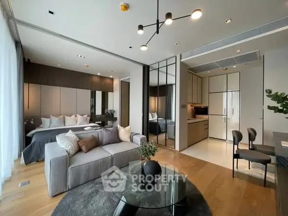 Luxurious modern living room with open kitchen and elegant decor