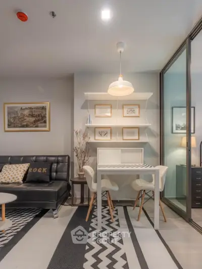 Modern living room with stylish decor and cozy seating area