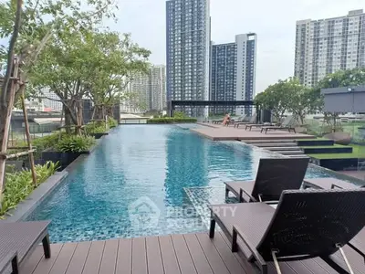 Luxurious rooftop pool with stunning cityscape views and modern lounge chairs, perfect for relaxation and leisure.