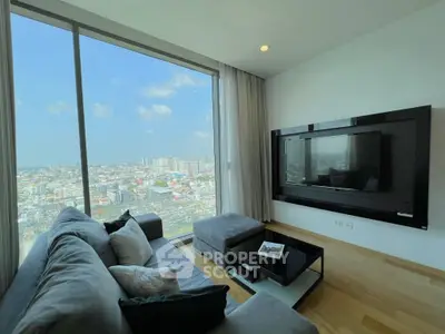 Luxurious living room with stunning city view and modern decor