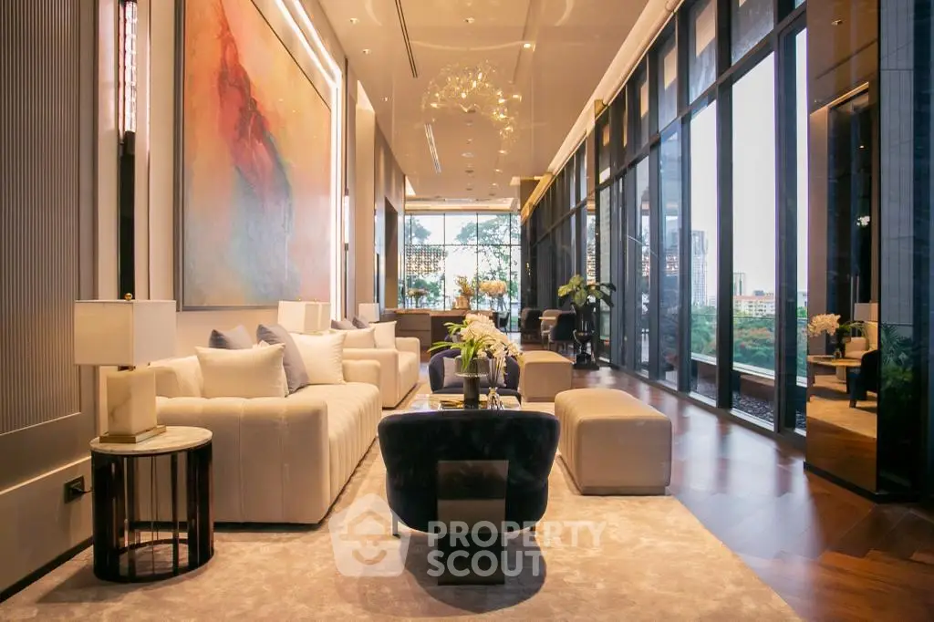 Luxurious modern living room with floor-to-ceiling windows and elegant decor