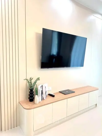 Modern living room with sleek TV setup and stylish decor