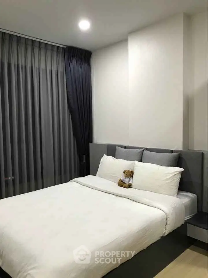 Modern bedroom with cozy bed and elegant curtains