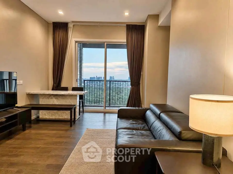 Modern living room with leather sofa and city view balcony in luxury apartment