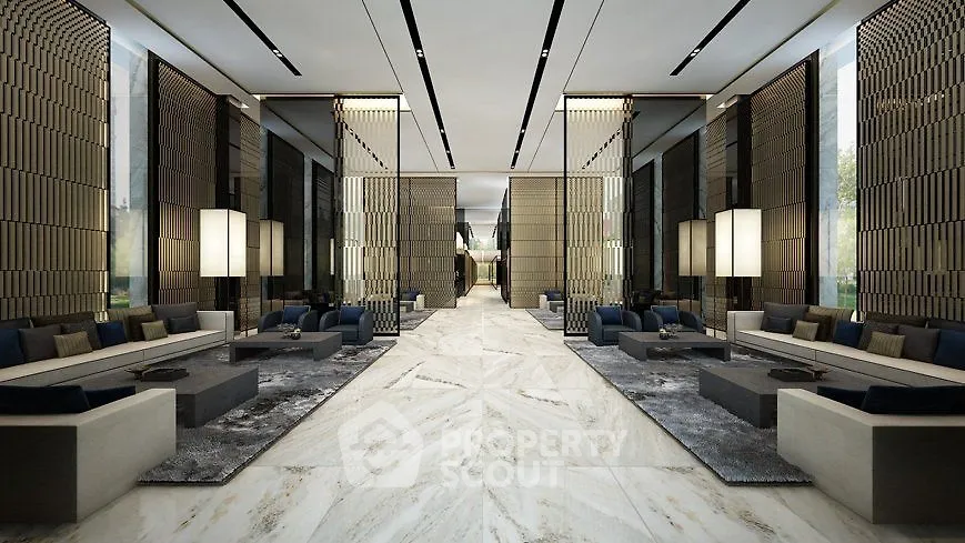 Luxurious modern lobby with elegant seating and marble flooring in a high-end building.