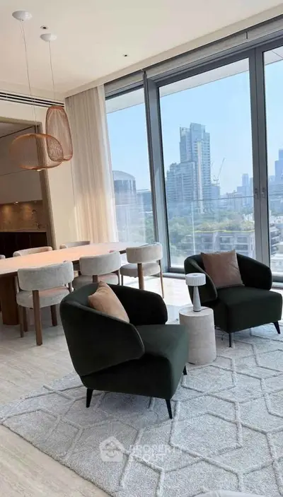 Luxurious modern living room with floor-to-ceiling windows and city skyline view, featuring elegant furniture.