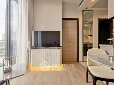 Modern living room with sleek TV setup and elegant decor