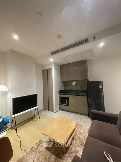 Modern living room with sleek kitchen, cozy sofa, and stylish decor in a contemporary apartment.
