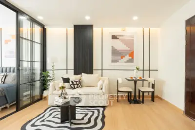 Modern living room with stylish decor and cozy seating area