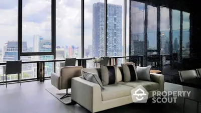 Luxurious modern living room with panoramic city view and stylish furniture