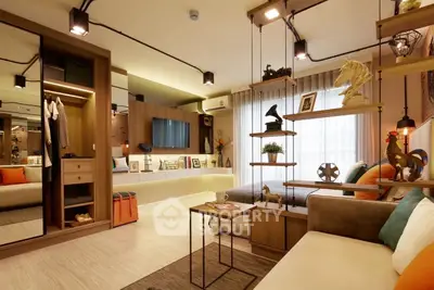 Modern living room with stylish decor and open shelving, featuring cozy seating and warm lighting.