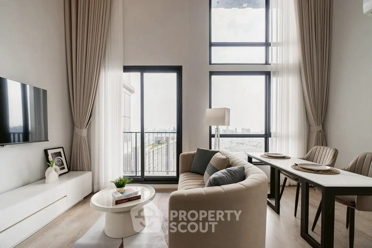 Luxurious high-rise living room with stunning city view and elegant decor