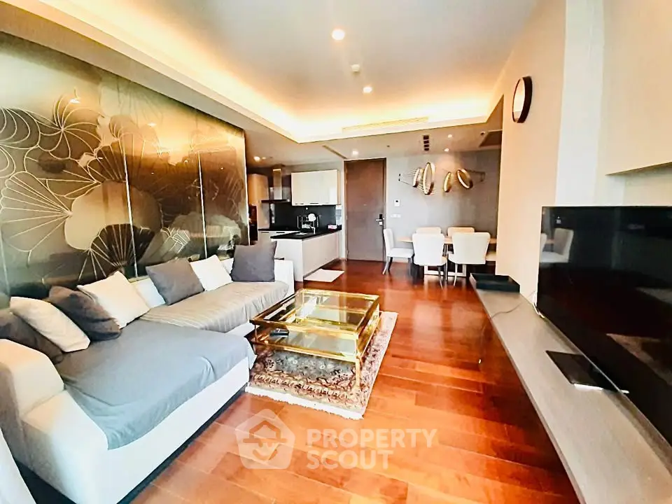 Luxurious modern living room with elegant decor and open kitchen layout