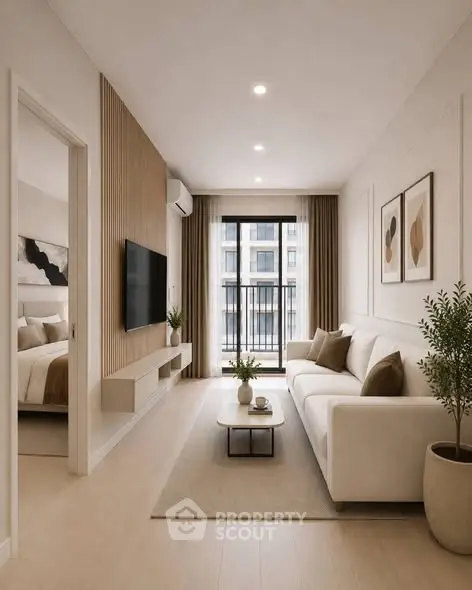Modern living room with elegant decor and natural light, featuring a cozy sofa and stylish wall art.