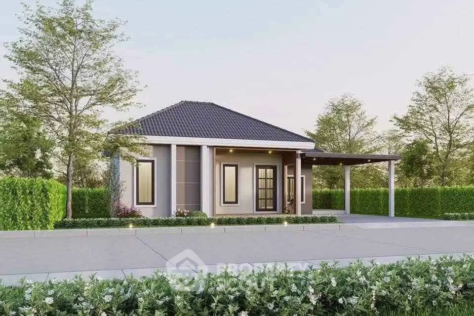 Charming single-story home with modern design and lush landscaping