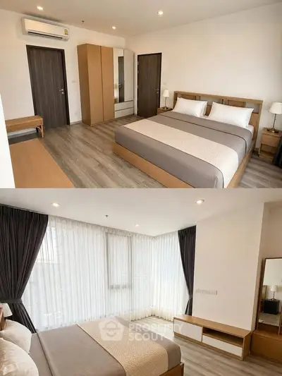 Spacious modern bedroom with large windows and elegant decor