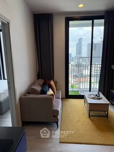 Modern living room with city view and cozy seating area