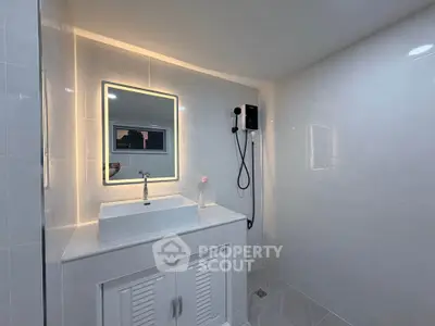 Modern bathroom with illuminated mirror and sleek fixtures