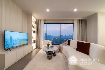 Luxurious living room with panoramic city view and modern decor