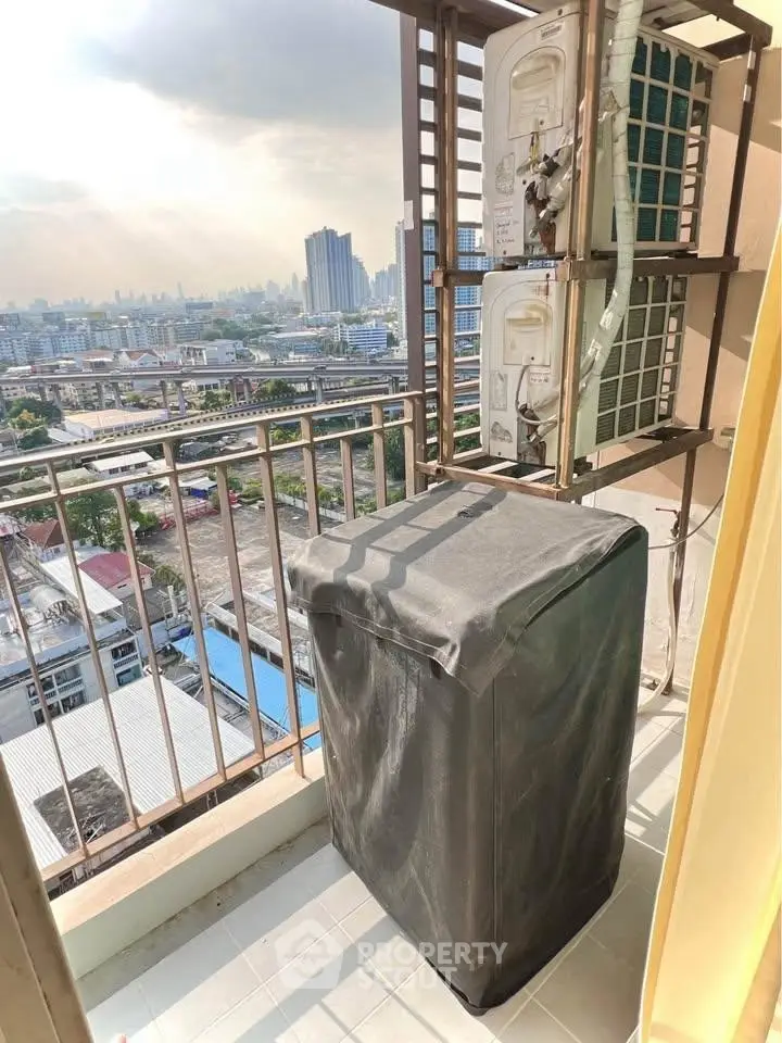 City view balcony with washing machine and air conditioning unit