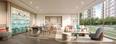 Luxurious modern living room with pool view and elegant decor