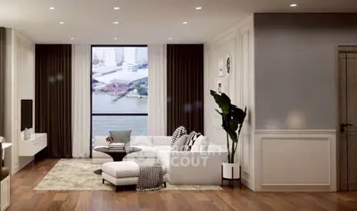 Luxurious living room with elegant decor and stunning city view through large window.