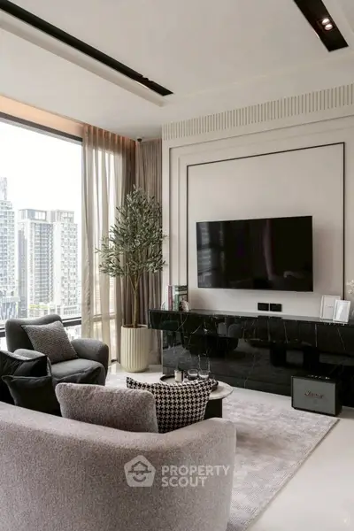 Luxurious modern living room with city view, elegant furniture, and large TV