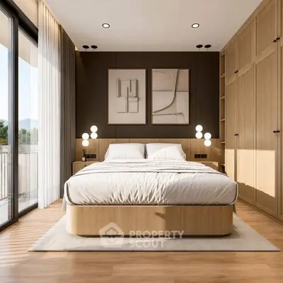 Luxurious modern bedroom with large windows and elegant wooden furniture, offering a serene and stylish retreat.