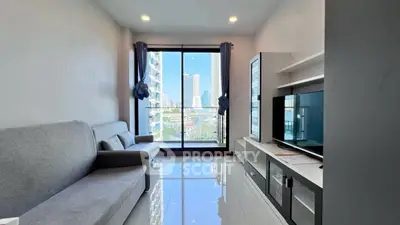 Modern living room with city view, sleek furniture, and large windows.