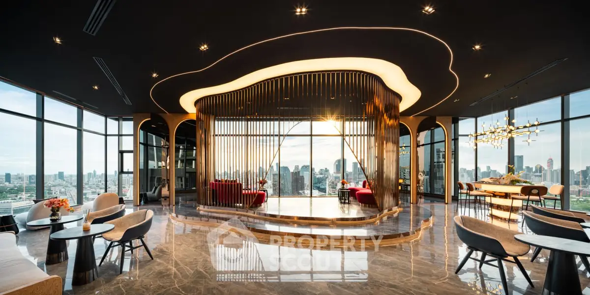 Luxurious high-rise living room with panoramic city views and modern design.