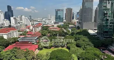 Stunning cityscape view with lush greenery and modern skyscrapers.