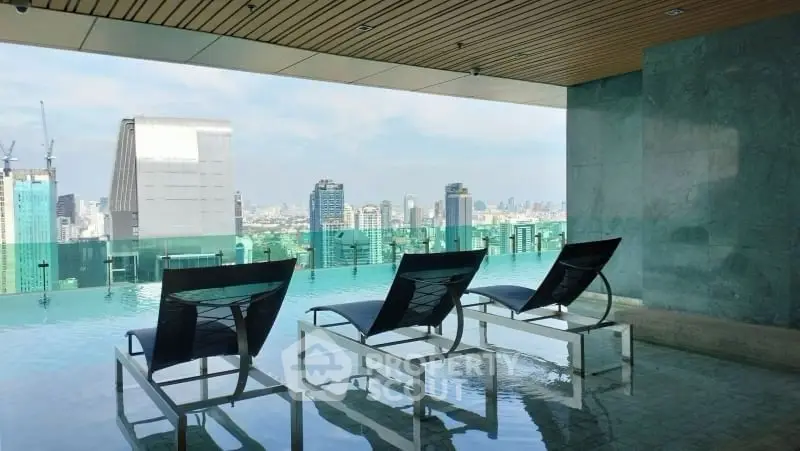 Luxurious rooftop pool with stunning city skyline view and modern lounge chairs.