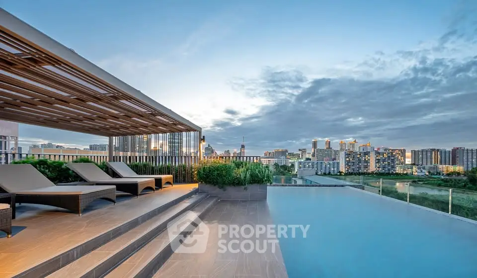 Luxurious rooftop pool with stunning city skyline view at sunset.