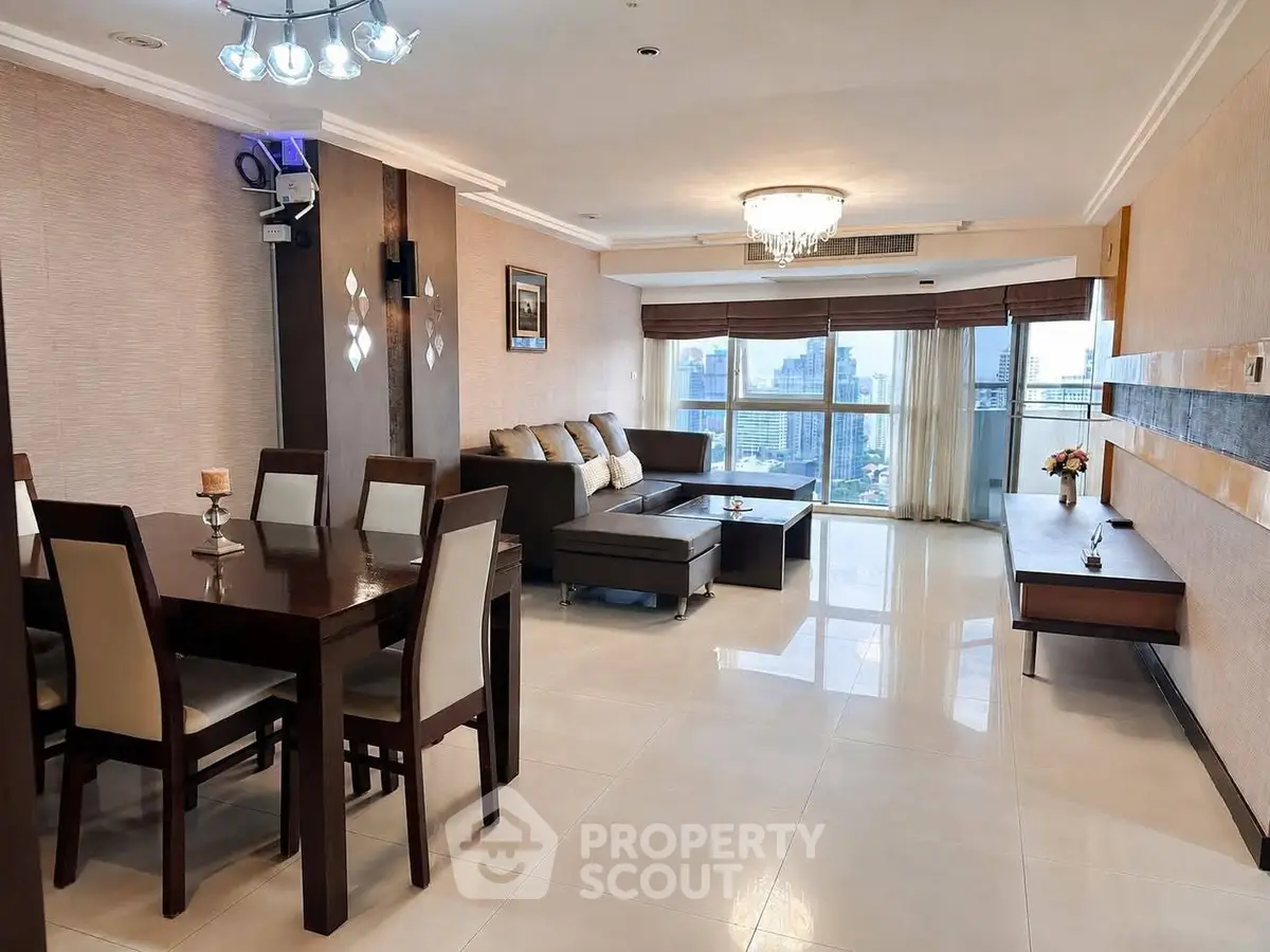 Spacious modern living room with city view, elegant dining area, and stylish decor in a high-rise apartment.