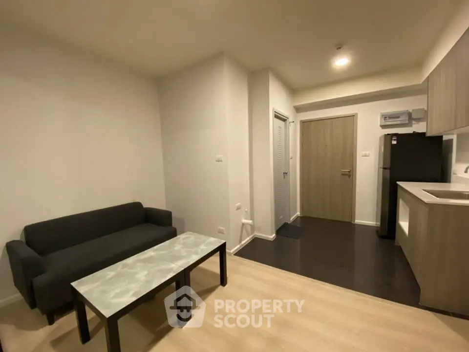 Modern apartment interior with open layout, featuring a cozy living area and compact kitchen.